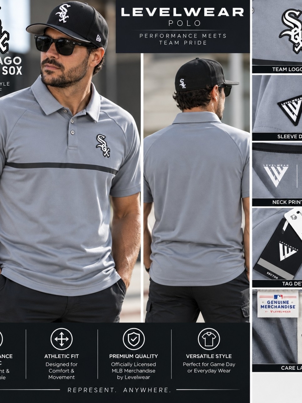 Chicago White Sox Levelwear Polo Mens Large Gray Performance MLB Golf Shirt NWT